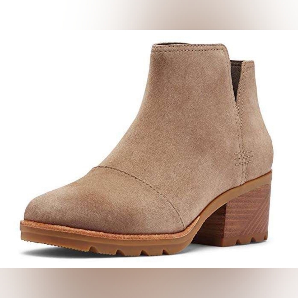 Sorel Cate Cut-Out Bootie Ankle Boot Block Heel Waterproof Leather Gray Beige 7 - Picture 2 of 8